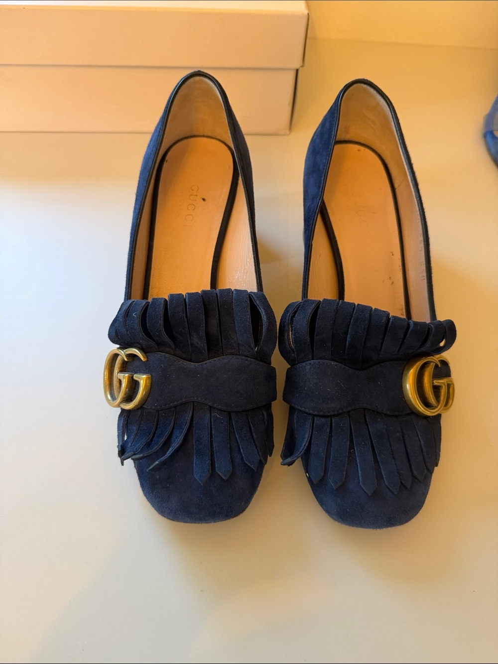 Gucci Navy Suede Fringe Loafers with Gold Double G